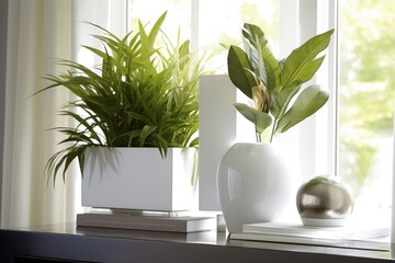 A close-up of a white desk featuring a plant pot, a vase, and mock-up frames for a home's interior design. Generative AI