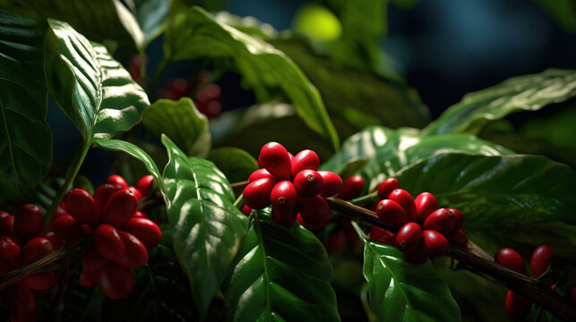 A shot of a coffee plant with ripe. Generative Ai