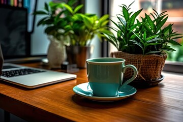 close-up of a desk with a computer, a cup with saucer on a hardwood table, and a plant Generative AI