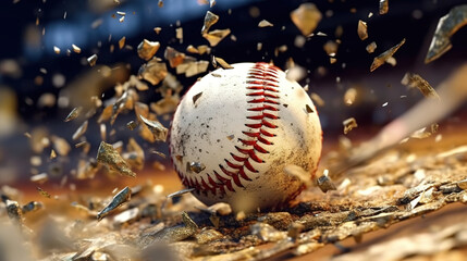 Baseball hit with the ball disintegrating. Generative Ai