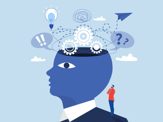 Man looking over his  big head thinking and searching idea process New idea, brainstorming, solution, problem solved, startup, innovation, creativity  light bulb concept vector © TA design