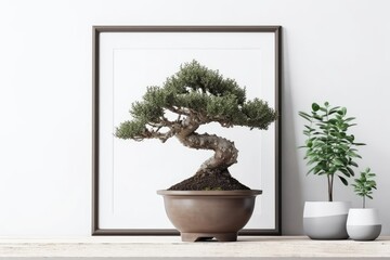 Bonsai tree, succulent cactus, and frame mockup on white wall. Closeup of home d�cor. Generative AI