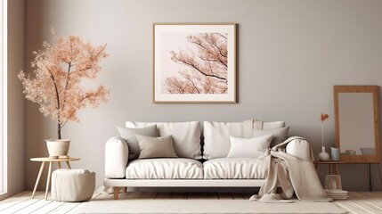 Fototapeta na wymiar mockup poster frame on a Scandinavian-styled background for a living room, Generative AI