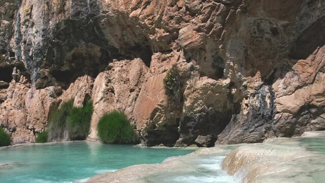 Natural pools of Millpu in Huancaraylla. Turquoise lagoons near Ayacucho, travel destination in Peru