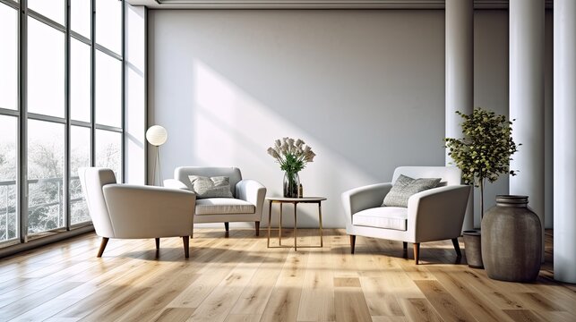 modern interior design. On a wooden floor next to a white wall, there are two chic armchairs and a coffee table. Generative AI