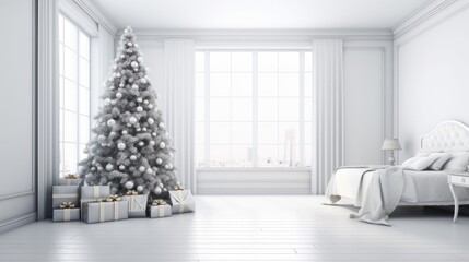 Illustration mockup of a white empty room with a Christmas tree and gifts. Generative AI