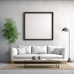 living room. A white picture frame hangs above a white leather sofa in a contemporary living room with minimalist design.  Generative AI