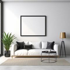 living room. A white picture frame hangs above a white leather sofa in a contemporary living room with minimalist design.  Generative AI