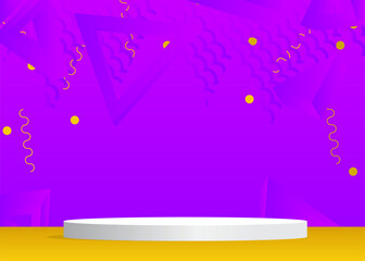 Abstract yellow, white and purple cylinder pedestal podium. Futuristic stage showcase with minimal geometric forms. Vector mockup product display for presentation.