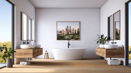 Fototapeta na wymiar Bathroom interior in white and wood with a hardwood floor, a big window, two sinks, and a white bathtub. a vertically framed poster that is mounted on the wall. a mockup Generative AI