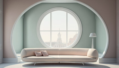Sofa in vintage interior against round window