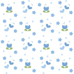 In this seamless pattern, blue tulips interspersed with blue hearts on a light blue toned background. Around there are small flowers and blue circle, that looks cute, bright and beautiful.