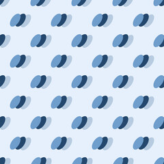 In this seamless pattern, three slanting and overlapping ovals, each of which is a blue tone with a gradient of light and dark shades, placed on a blue tone background, looks strange and has dimension