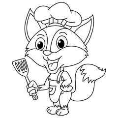 Funny fox chef cartoon characters vector illustration. For kids coloring book.