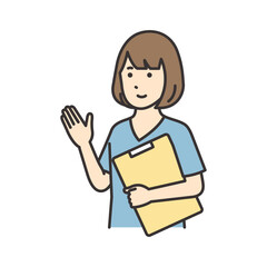 カルテを持って案内する看護師の女性のイラスト