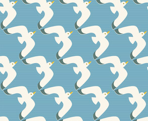 Fototapeta premium Seamless pattern with flying gulls. Flat and whimsical illustration of flying seagulls in line on subtle striped blue background.