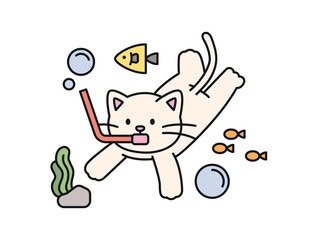 Cute cat. A white cat is swimming in the sea with snorkeling equipment.
