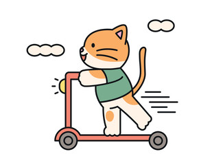 Cute cat. A cat is riding a scooter excitedly.