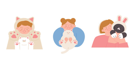 Obraz premium Cute cat. Cat costume and rabbit hat. Cat and human friend.