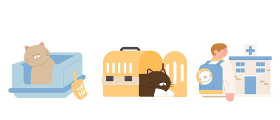 Cute cat. Cat litter toilet. Carrier and bag for transport to hospital.