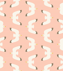 Seamless pattern with flying gulls. Flat and whimsical illustration of flying seagulls on subtle striped pink background.