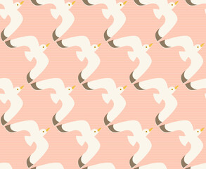 Seamless pattern with flying gulls. Flat and whimsical illustration of flying seagulls in line on subtle striped pink background.