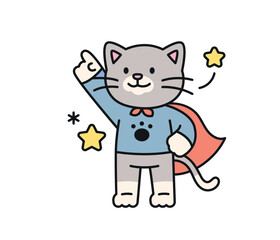 Cute cat. A cat superhero in a cape is pointing a finger up and doing a confident pose.