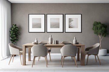 Grey dining room interior with table, chairs, and two empty, white-framed mockup posters on the wall. minimalist design principle. creative thought a mockup Generative AI
