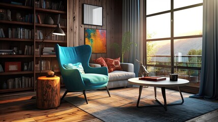 a modest room with a wooden coffee table and a blue armchair Generative AI