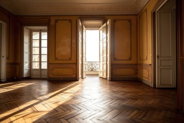 Fototapeta premium Unoccupied space with a balcony door and a hardwood parquet floor design Generative AI