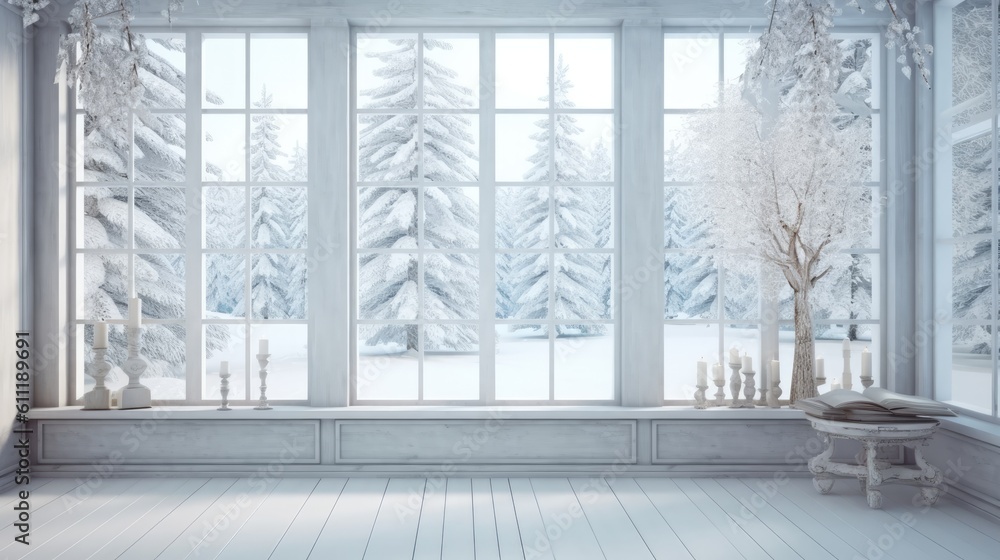 Poster window view of a wintery scene in a white, empty room. scandinavian style in decorating. generative 