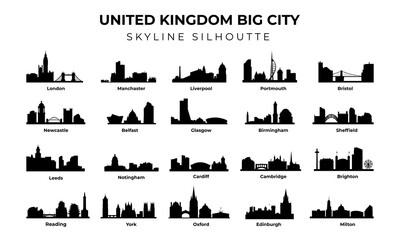 set of United Kingdom big cities skyline silhouette, Most Famous UK United Kingdom Cities Skyline City Silhouette Design Collection
