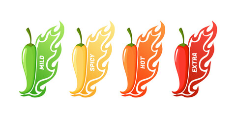 Hot spicy level labels, vector icons chili pepper, cayenne or jalapeno with red, yellow, orange and green fire flames. Extra, spicy, hot and mild strength of sauce or snack, savory food scale emblems - obrazy, fototapety, plakaty
