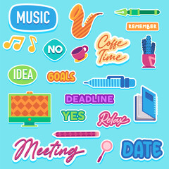 Sticker text music meeting date idea coffee time and remember inspiration word motivation text emblem doodle collection set
