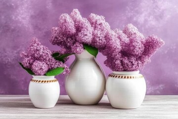 Purple flowers and white vases are arranged on a wooden table. Generative AI