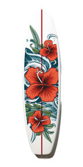 a Beautifully handcrafted classic surfboard, Hibiscus graphics, Surf-themed, Vertical format, photorealistic illustrations in a PNG, cutout, and isolated. Generative AI