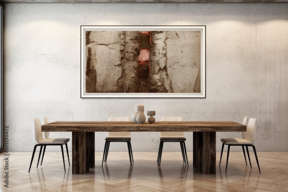 Poster interior of a dining room. a image gallery is over a long table with two chairs. mock up generative 