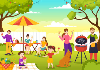 Obraz na płótnie Canvas Barbecue and Grill Set Vector Illustration Kids Grilling or BBQ Party Food at Park in Festival and Summer Cooking Cartoon Hand Drawn Templates