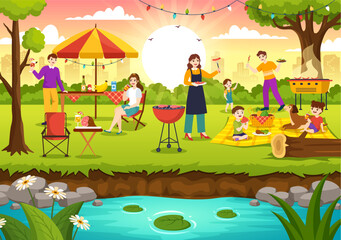 Barbecue and Grill Set Vector Illustration Kids Grilling or BBQ Party Food at Park in Festival and Summer Cooking Cartoon Hand Drawn Templates