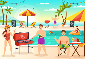 Barbecue and Grill Set Vector Illustration People Grilling or BBQ Party Food at Park in Festival and Summer Cooking Cartoon Hand Drawn Templates