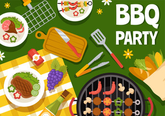 Barbecue and Grill Set Vector Illustration People Grilling or BBQ Party Food at Park in Festival and Summer Cooking Cartoon Hand Drawn Templates