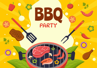 Barbecue and Grill Set Vector Illustration People Grilling or BBQ Party Food at Park in Festival and Summer Cooking Cartoon Hand Drawn Templates