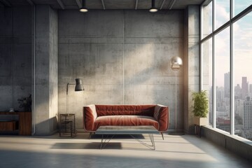 Interior of a modern, concrete living room with furniture, a window that overlooks the city, and a wall with an empty billboard. Conceptual style and design. a mockup Generative AI