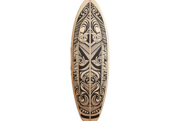  a Beautifully handcrafted classic surfboard, Tribal graphics, Surf-themed, Vertical format, photorealistic illustrations in a PNG, cutout, and isolated. Generative AI