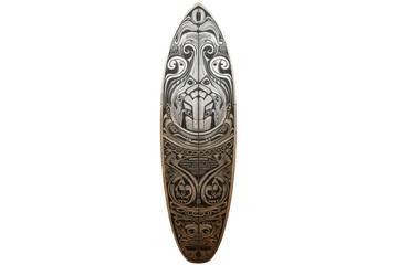  a Beautifully handcrafted classic surfboard, Tribal graphics, Surf-themed, Vertical format, photorealistic illustrations in a PNG, cutout, and isolated. Generative AI