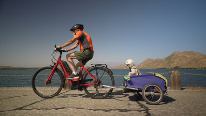 Elderly senior man biking on an e-bike on a trail pulling a trailer with a cute dog in it beside a lake with mountains in the distance.