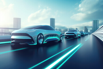 Obraz na płótnie Canvas futuristic vehicles on highway with full self driving system activated for transportation autonomy concepts as wide banner with copy space area, generative AI