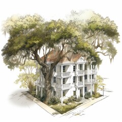 Charleston style southern house in an isometric style with live oak tree done watercolor - obrazy, fototapety, plakaty