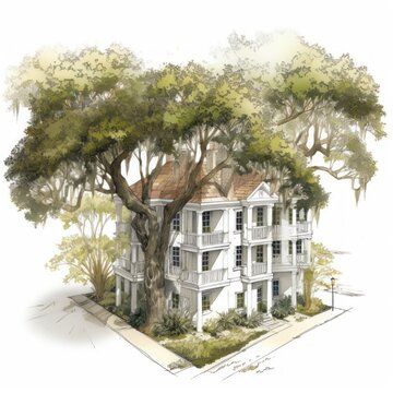 Charleston style southern house in an isometric style with live oak tree done watercolor