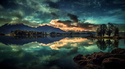 Fototapeta na wymiar serene wanderlust lake landscape photo manipulation (magical filter)